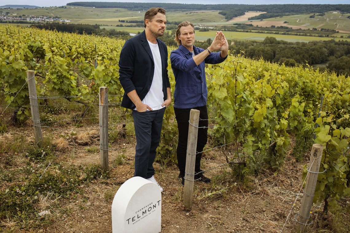 A photo of Leonardo di Caprio with another person in a wineyard